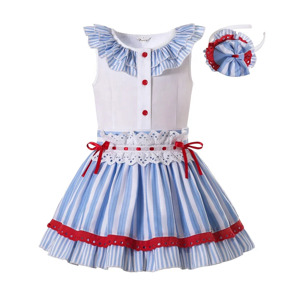 

Pettigirl Spanish T Shirt Kids Dresses for Girls Blue Striped Clothing Sets 3 in 1 Children Clothes from 2 to 7 years & Hairband