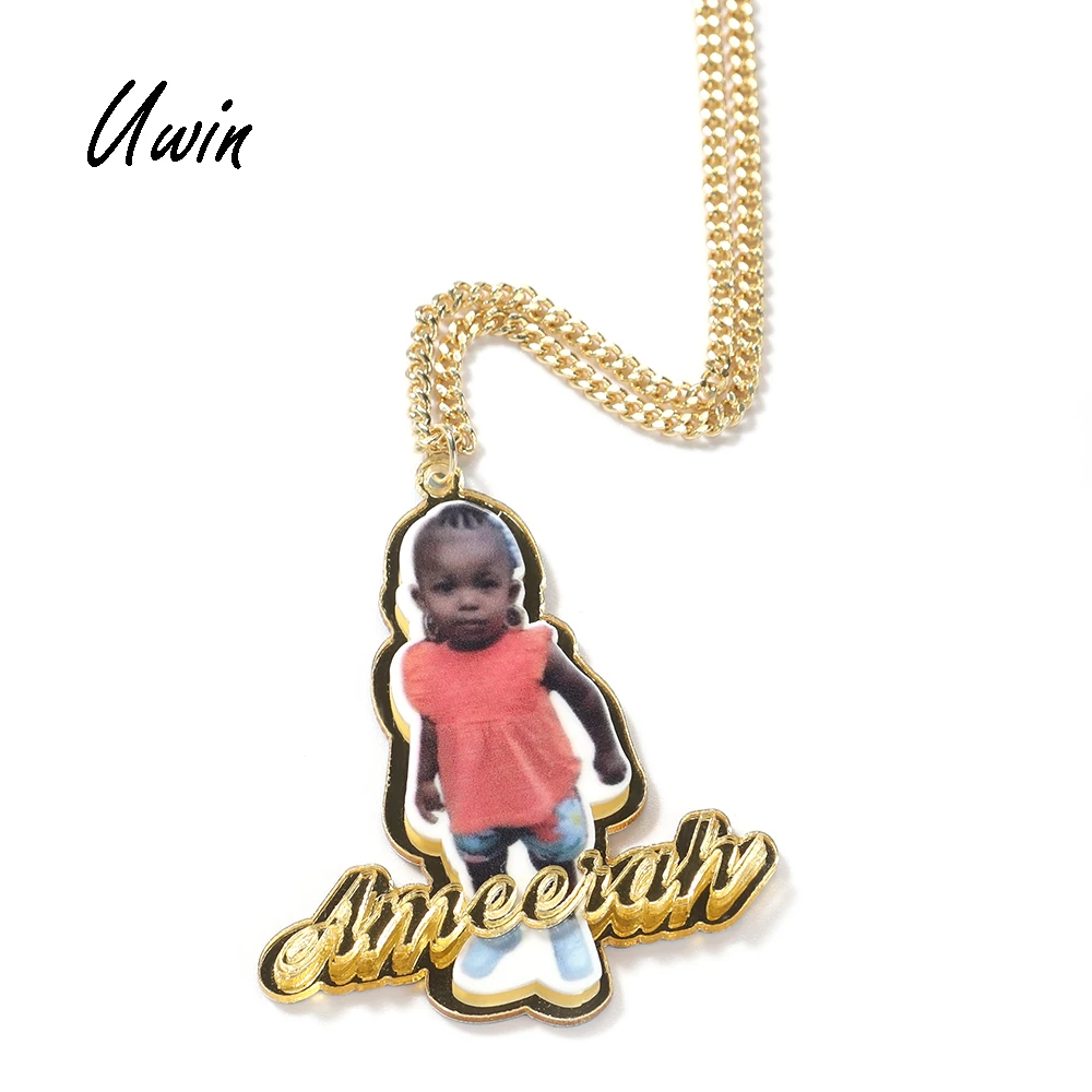 

UWIN Customize Name Kids Jewelry with Picture Acrylic Photo Pendant Children Pendant Necklace Gift Memory Jewelry, Gold plating, steel color
