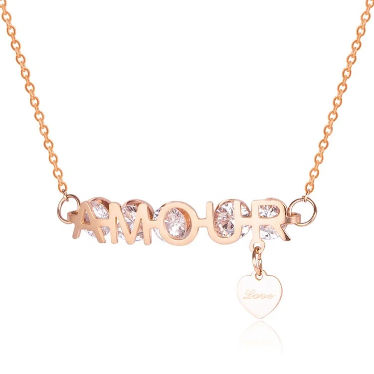 

Custom 18K Rose Gold Plated Stainless Steel Cubic Zirconia Letter Heart Charm Bling Necklace Women