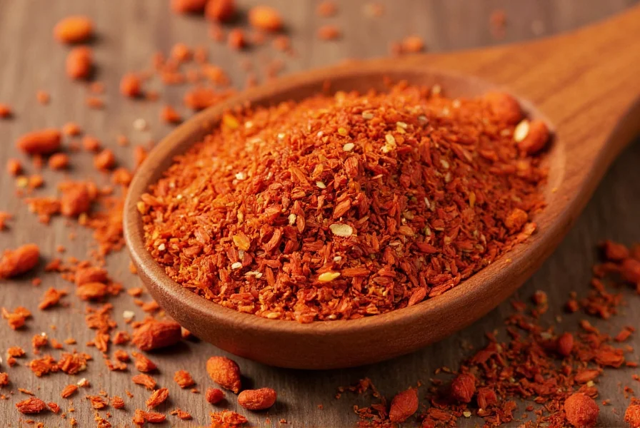 Close-up view of Aleppo pepper flakes showing their distinctive brick-red color and flaky texture on a wooden spoon