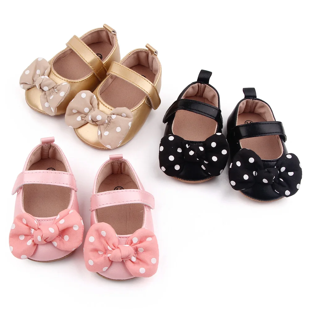 

Wholesale spring autumn baby princess shoes girls polka dot bow-knot walking toddler shoes, Black/pink/gold
