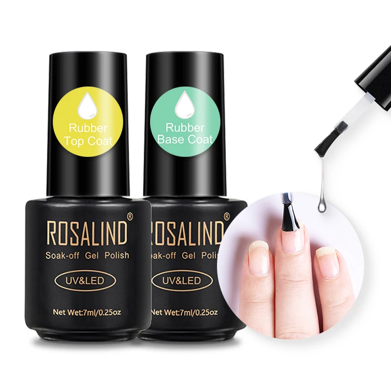 

Rosalind oem custom logo 7ml long lasting uv/led lamp rubber base coat and top coat soak off rubber gel nail polish for nail art, Clear