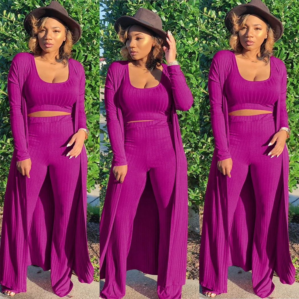 

B63196A Cross-border fashion casual suit 2020 Autumn/winter trench long-sleeved vest trousers three-piece set, Purple/gray/wine red/black