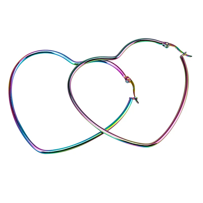 

Fashion Hot Sell Big Rainbow Heart Hoop Earrings Boho Fashion Stainless Steel Hoops Earring Hypoallergenic Jewelry Wholesale, As the picture