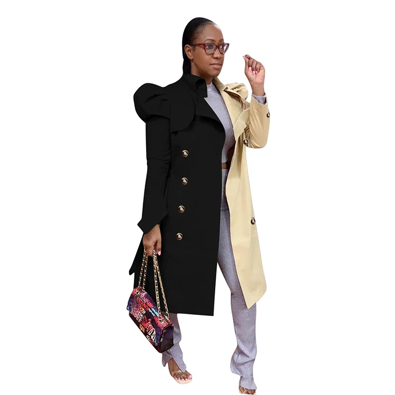 

Wholesale ladies color matching long coats winter warm women 2021 windbreak coat, Khaki+black