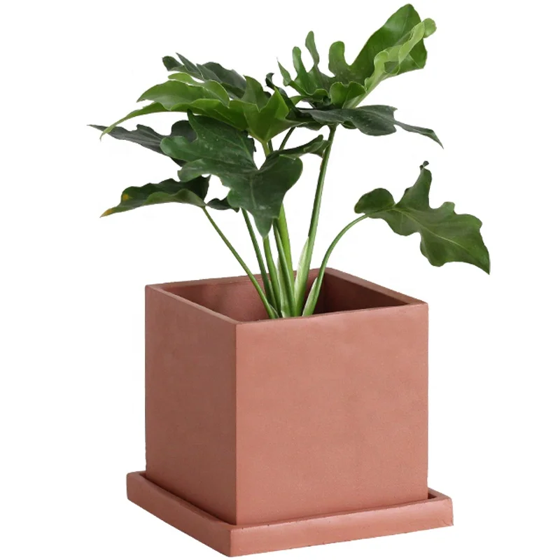 

Nordic simple style cement green plant pot with saucer for home garden decor, Terracotta color