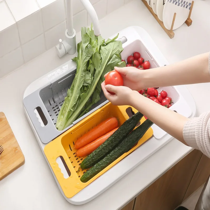 

Adjustable Double-Layer Design Folding Retractable Draining Rack Kitchen Draining Basin Washing Fruit Vegetable Drain Basket, Picture