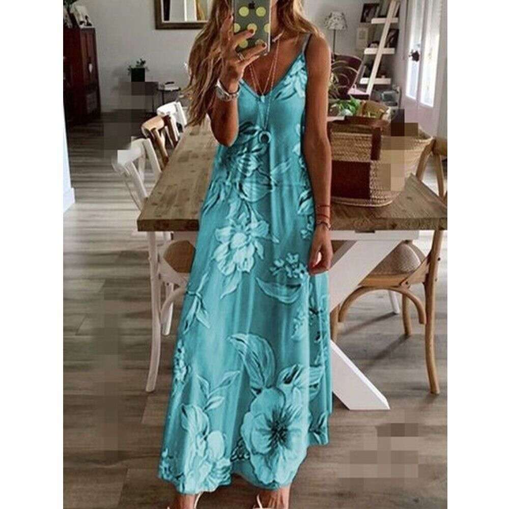 

Women Summer Sundresses Plus Size 5XL Section Flower Strap Sleeveless Party Fashion Beach Robe Long Bohemian Dresses, Color