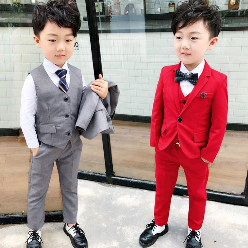 

autumn Red/gray 3Pcs Black Toddler Boys Suits Wedding Formal Children blazers Suit Tuxedo Party clothes jacket+vest+pant, Can be customized