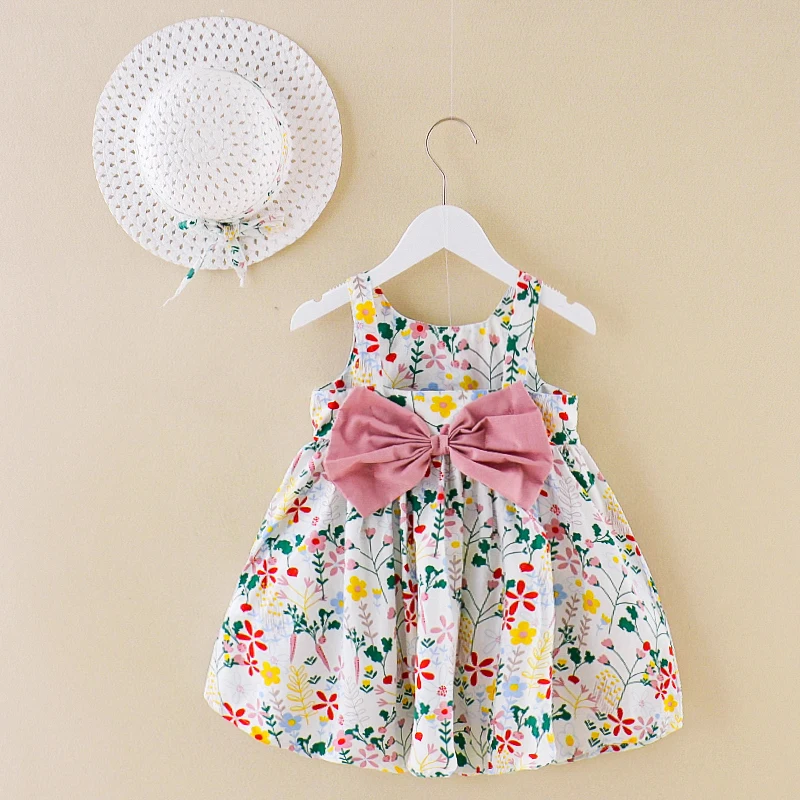 

New Design Baby Infant Floral Printing Bow Summer Sleeveless Dress new born baby girls cotton frock with bow