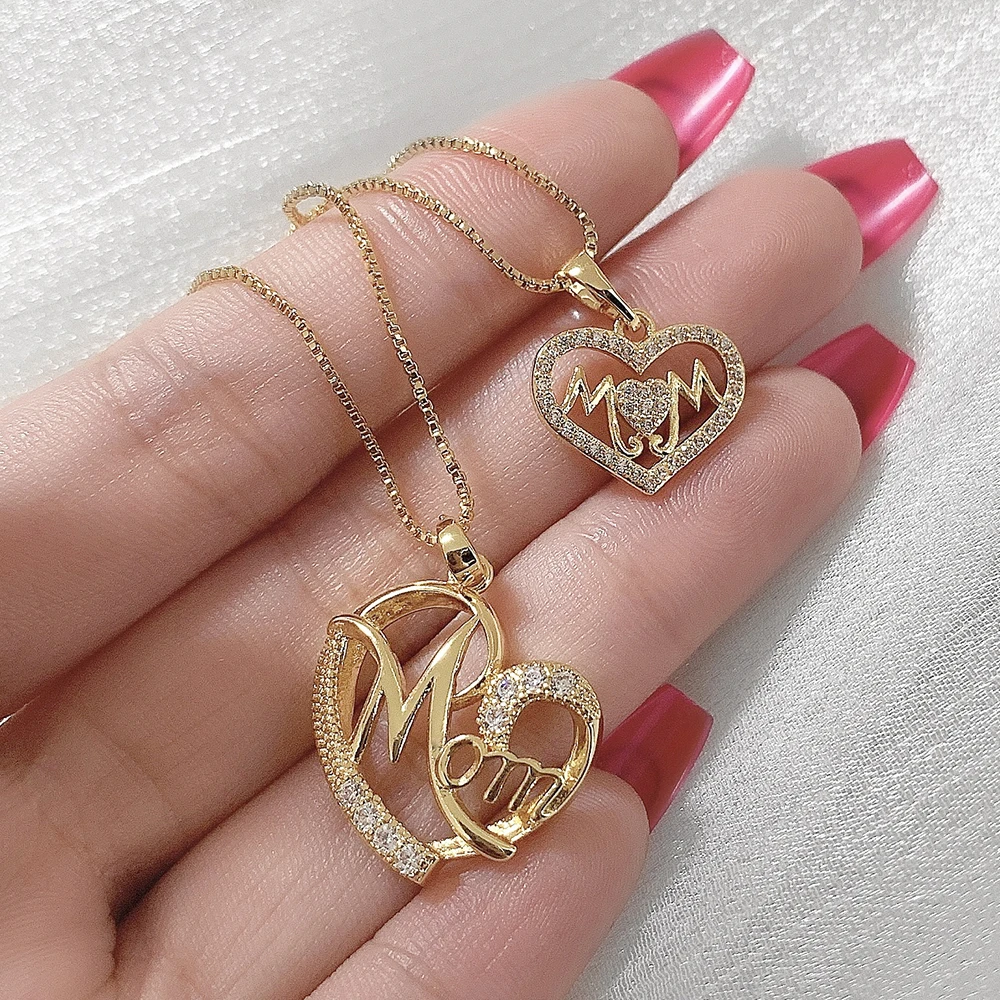 

mothers 2021 gifts gold plated cz diamond heart shaped mom necklace