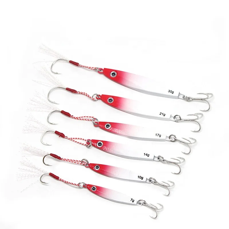 

Best price long cast small iron plate fish metal jig with feather hook sequined for ocean fishing tackle fishing supplies, Red head and white body