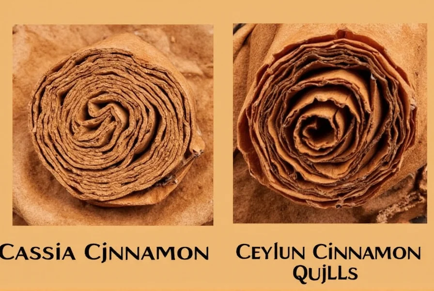 Close-up comparison of cassia cinnamon quills versus Ceylon cinnamon quills showing the thick single-layer roll of cassia compared to the delicate multi-layer scroll of true cinnamon