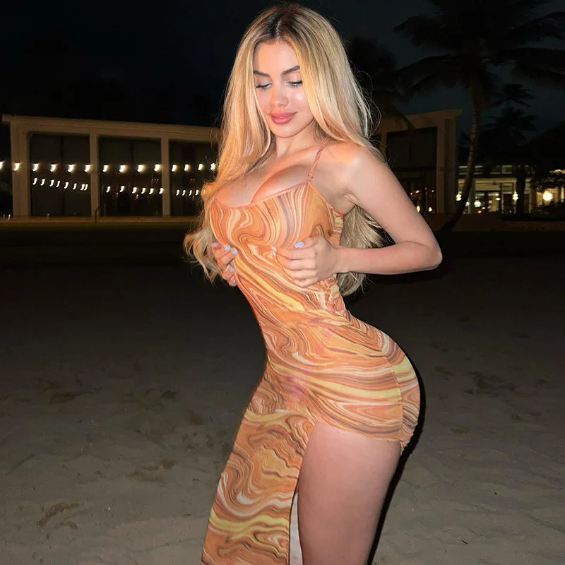 

K6345 - sexy fashion sleeveless printed slit women dress