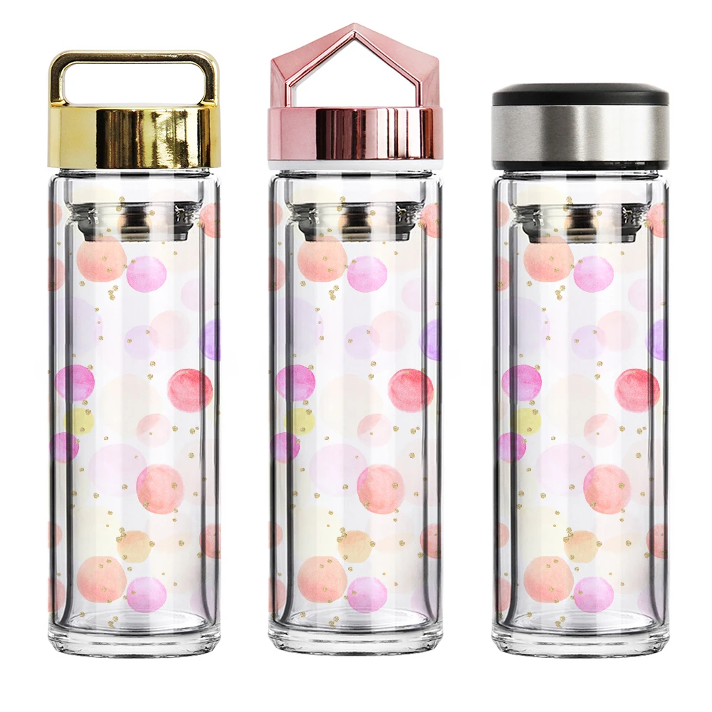 

High Quality Double Wall High Borosilicate Glass Water Bottles Drinking with Custom Logo Sleeve and Stainless Steel Tea Infuser, Customized color