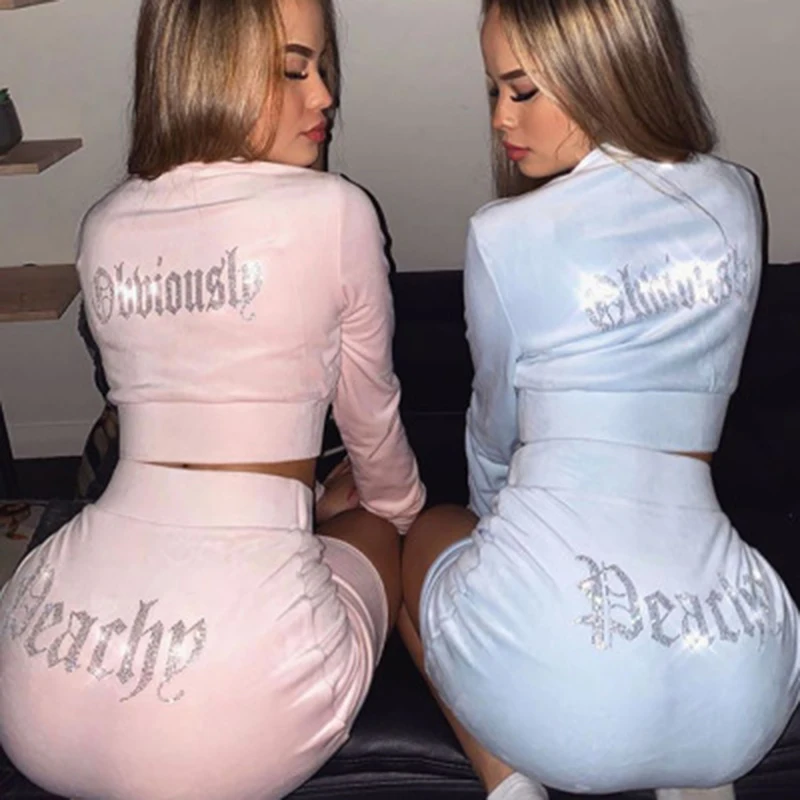 

Women 2Pcs Velvet Zipper rhinestone Tracksuit Velour Lounge Wear Sweatshirt Set tracksuit set, Custom color