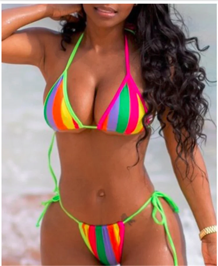 

2021 Hot Selling Rainbow Bikini Swimwear Fashion Women Striped Swimsuits Female Swimsuit Private Labelsexy bikini