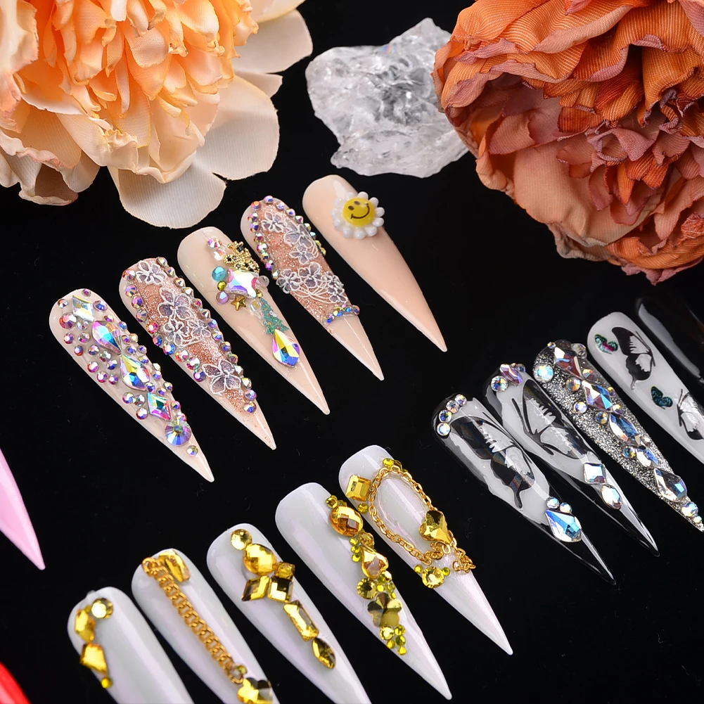 

Custom Design Fake Nail Artificial Fingernails Fakenail Hand Made XXL Crystal Press On Nails With Rhinestones Faux Ongles