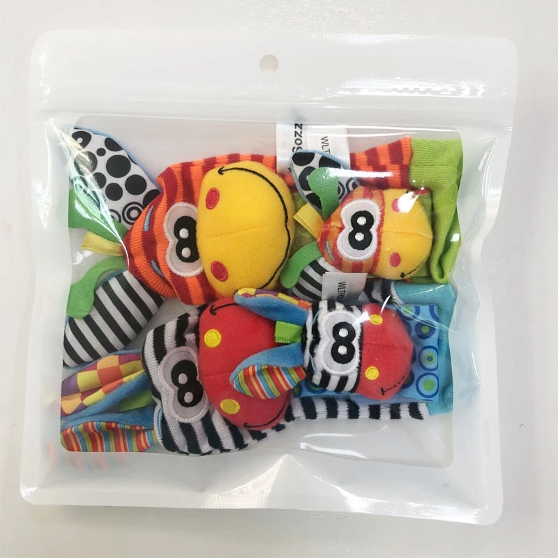 

High Quality 4Pcs Baby Rattle Ring Plush Toy Soft Wrist watch strap Socks Soft Cute Cartoon Baby Strap Sensory ToyS, As picture