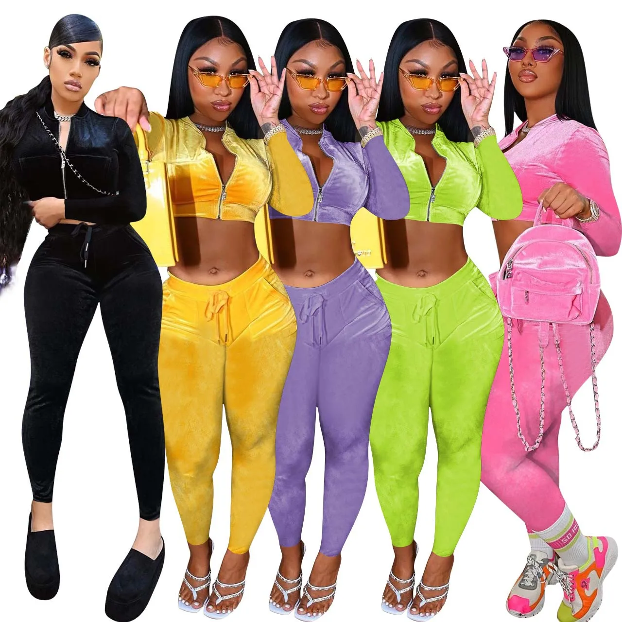 

2022 Spring Clothes Women 2 Piece Pants Set Winter fall Long Sleeve Two Piece Set Clothing Crop Tops Velvet Velour Tracksuits, Picture color