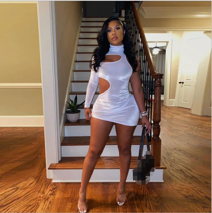 

Latest design ladies fashion solid color dress sexy hollow out single sleeve high neck tight body dress, White khaki black blue yellow red hot pink