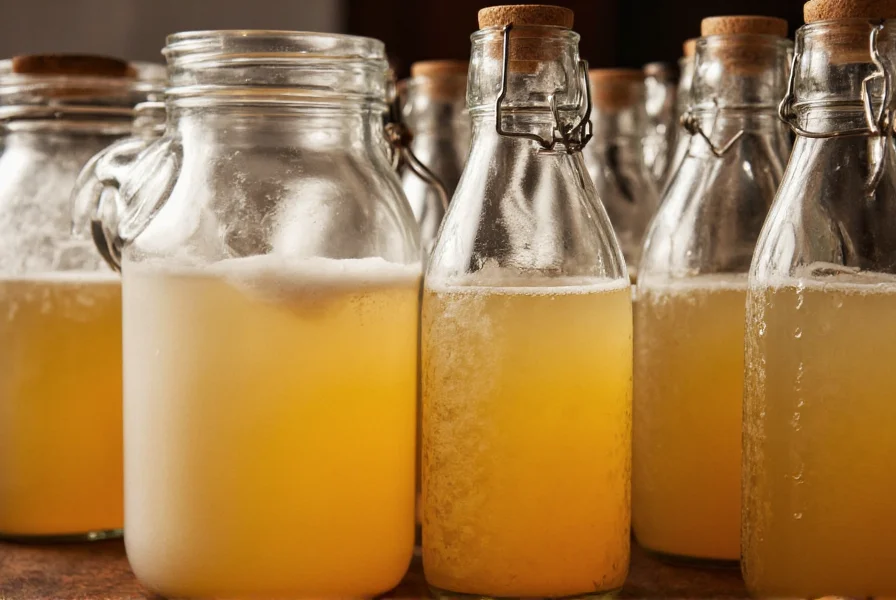 Traditional ginger beer brewing process showing glass jars with ginger, sugar, and water mixture fermenting with visible bubbles