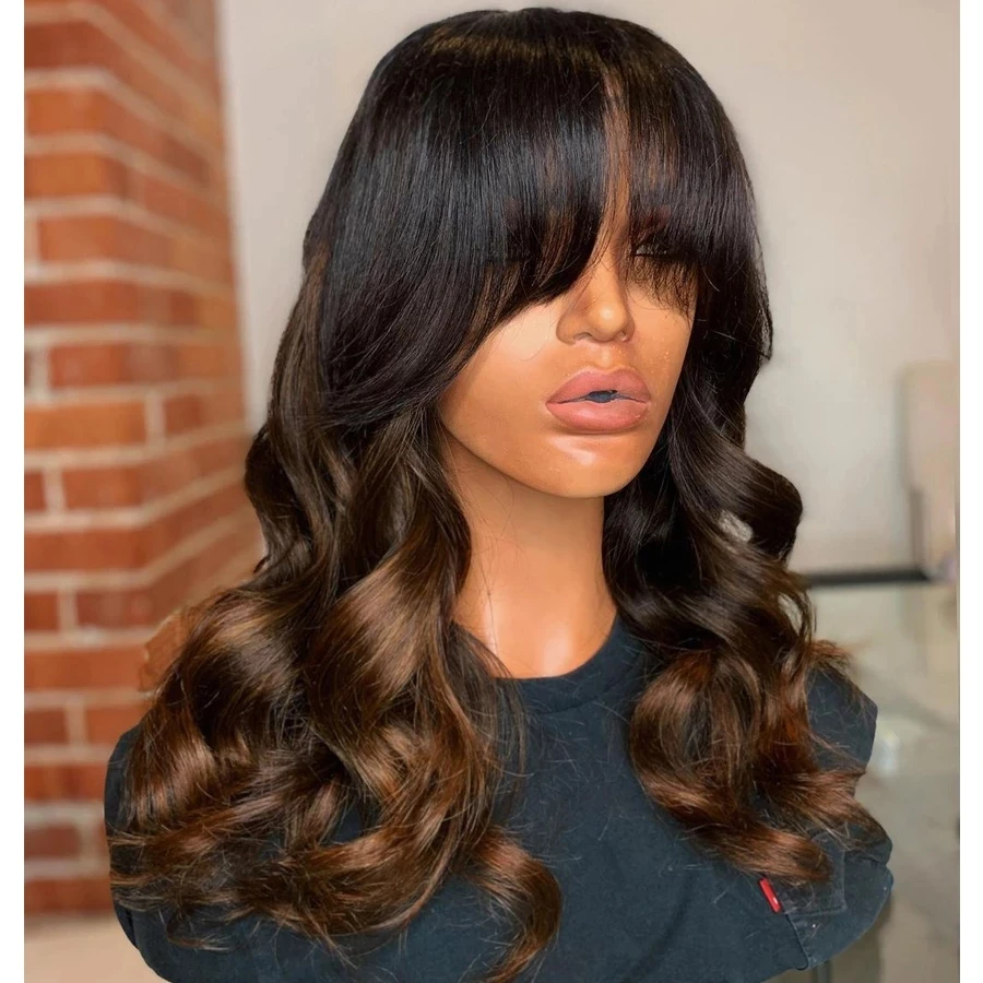 

Indian Ombre Dark Brown Lace Front Human Hair Wigs with Bangs Glueless Fringe Wigs for Women Remy Full End Pre Plucked, Natural color lace wig