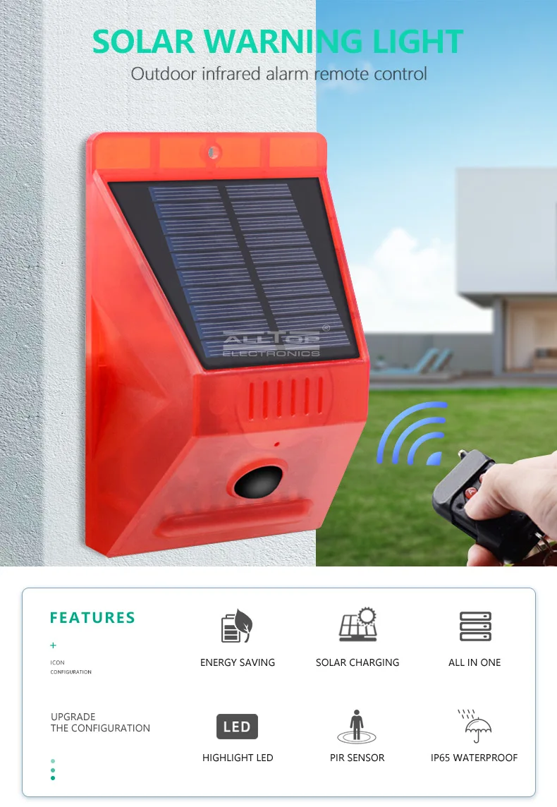 ALLTOP NEW design solar alarm with RF remote 129db siren solar home alarm system outdoor solar alarm light