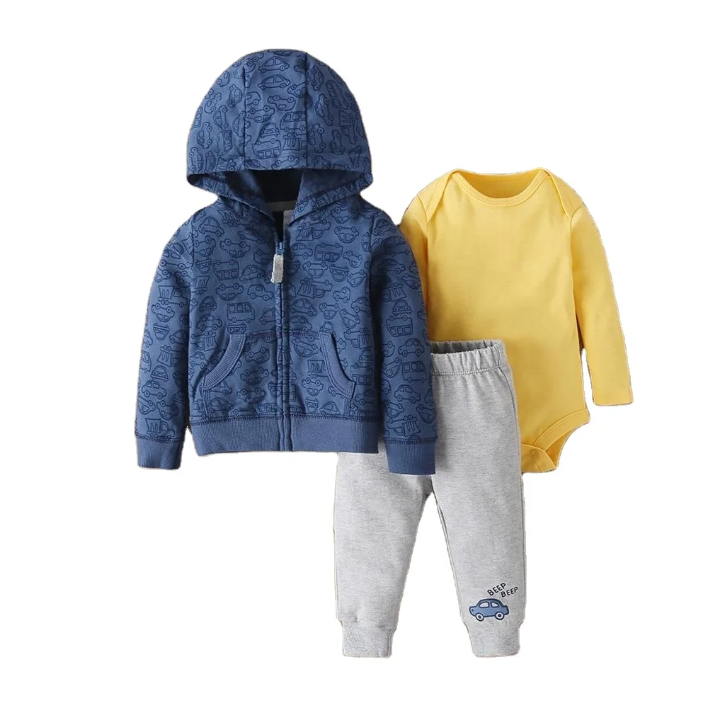 

High Quality Car Pattern Windproof Hooded Coat Long Sleeve Cotton Rompers Autumn 3pcs Baby Boy Clothing Set