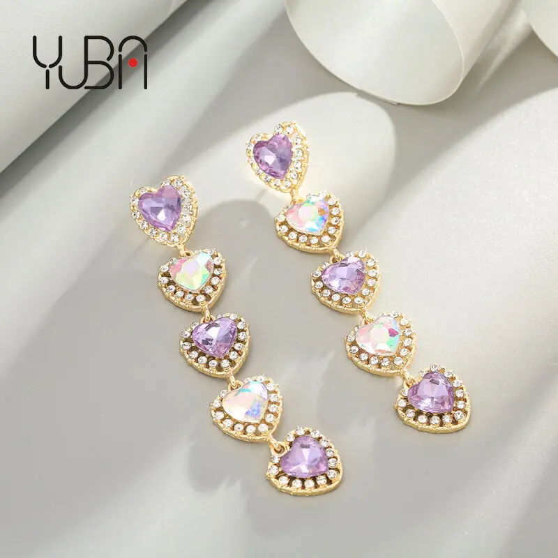 

Korean style colorful purple heart rhinestone earrings female long pendant earrings