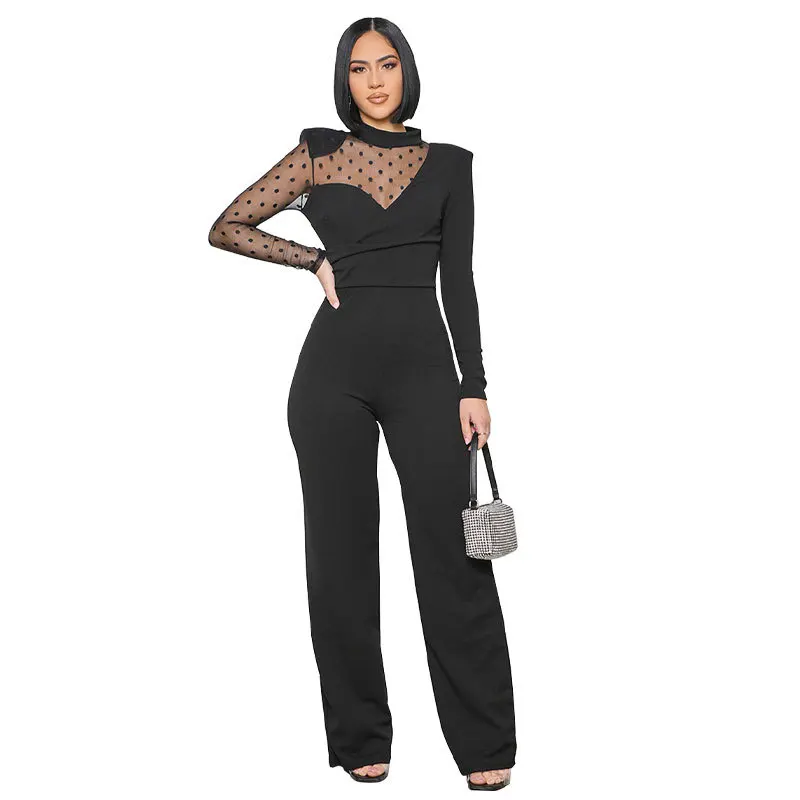 

C0301TA64 New Arrival Sheer Mesh Dot Print Splicing Solid Color Straight Jumpsuit Women