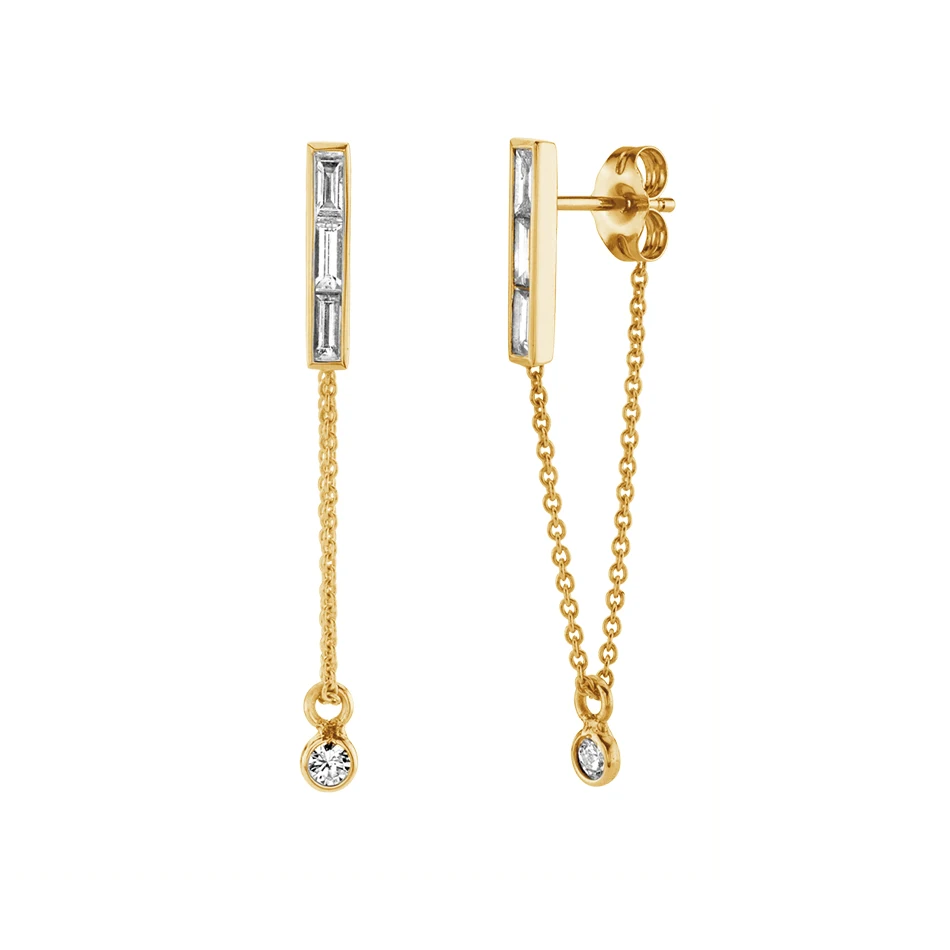 

925 sterling silver wholesale 14k gold plated triple baguette drop chain earrings with zircon