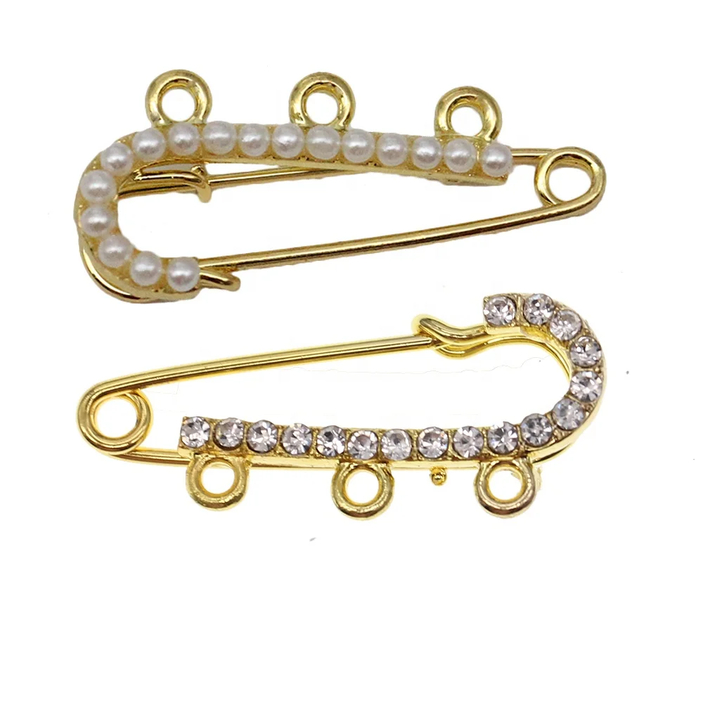 

3 Loops Gold Plated Small Pearl Rhinestone Baby Pins Muslim Islamic Allah Mashallah Safety Pins For Kids