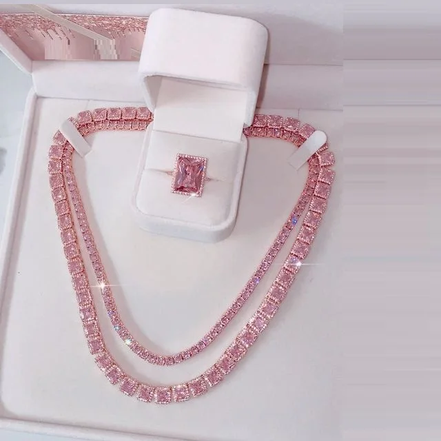 

pricess cut big pink cz ring necklace for women 5a cubic zirconia ice pink pinky women jewelry SET