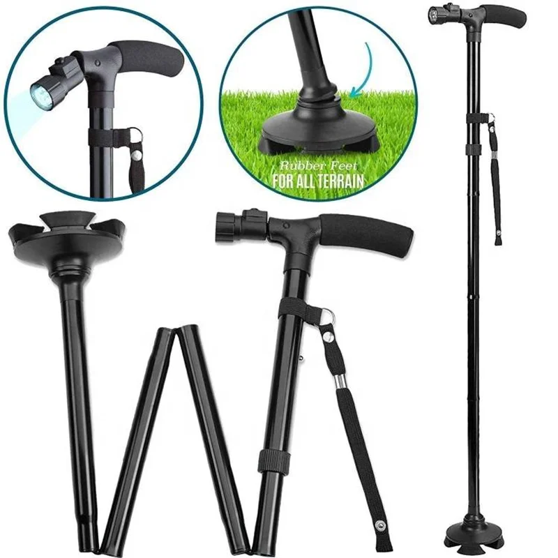 

Hot selling portable Height adjustable 4 section fold crutch aluminum alloy crutches foldable light cane walking stick