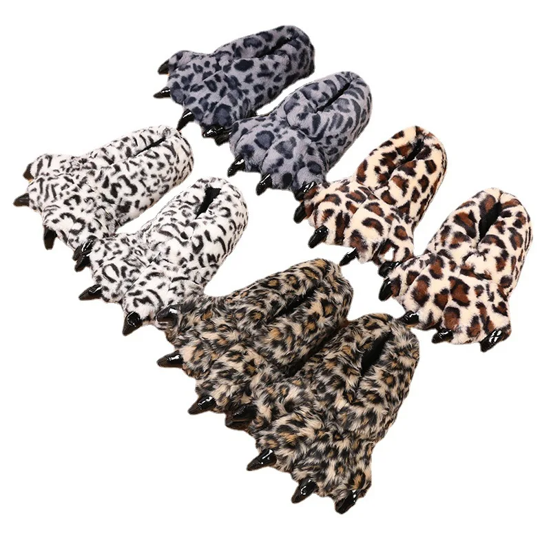 

The New Cartoon Keep Warm At Home Fur Shoes Plush Leopard Dinosaur Bear Paw Bag Heel Paw Shoes Creativity Cotton Slippers, 4 colors