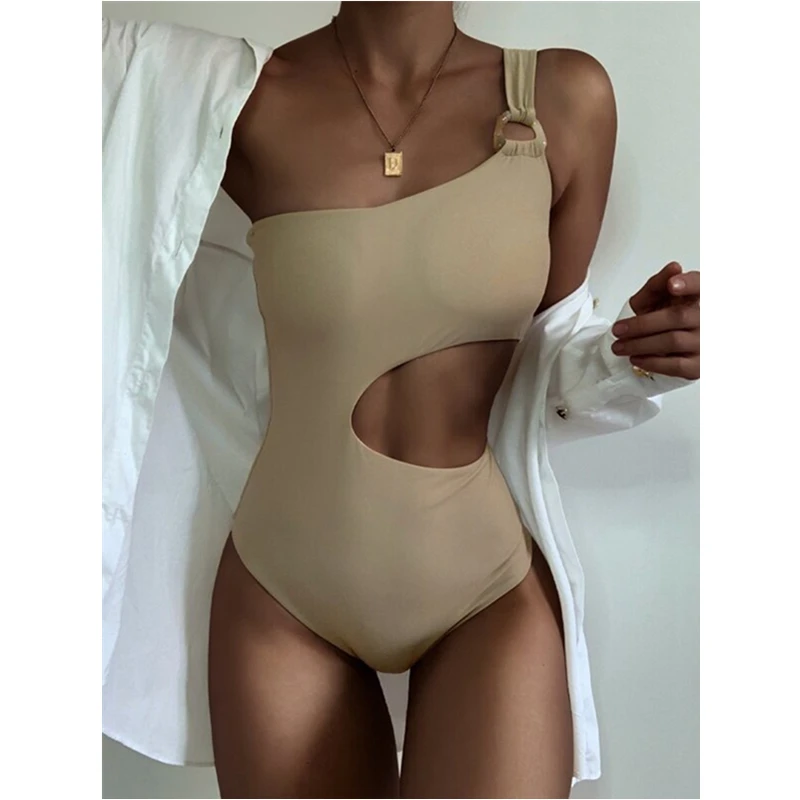 

Solid One Piece Swimsuit Women One Shoulder Swimwear Cut Out Monokini Sexy Bathing Suit 2021