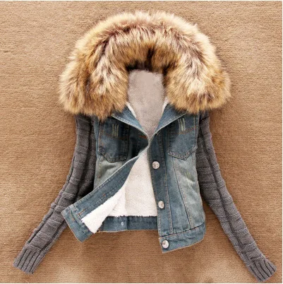 

Winter Women Clothing Fur Necking Denim Jacket Thick Fleece Fur Lined Coat Patchwork Ladies Plus Size Jeans Jacket