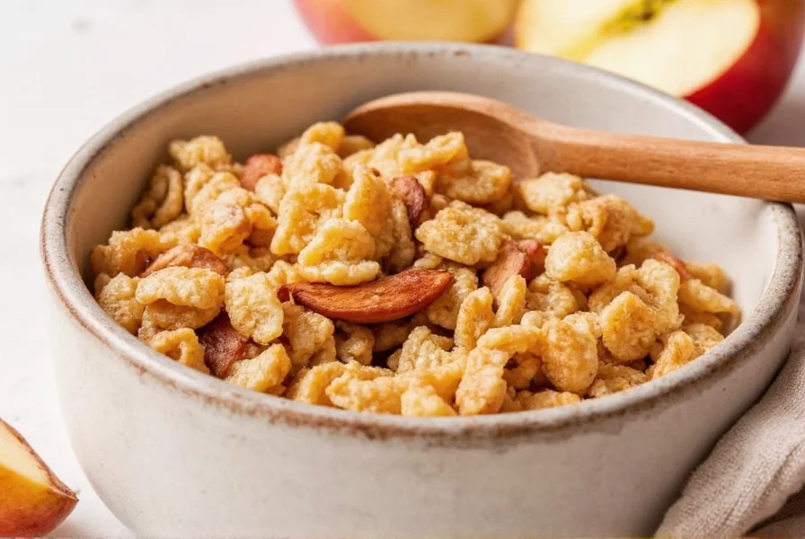 Homemade apple and cinnamon cereal in a bowl with fresh apple slices and cinnamon sticks