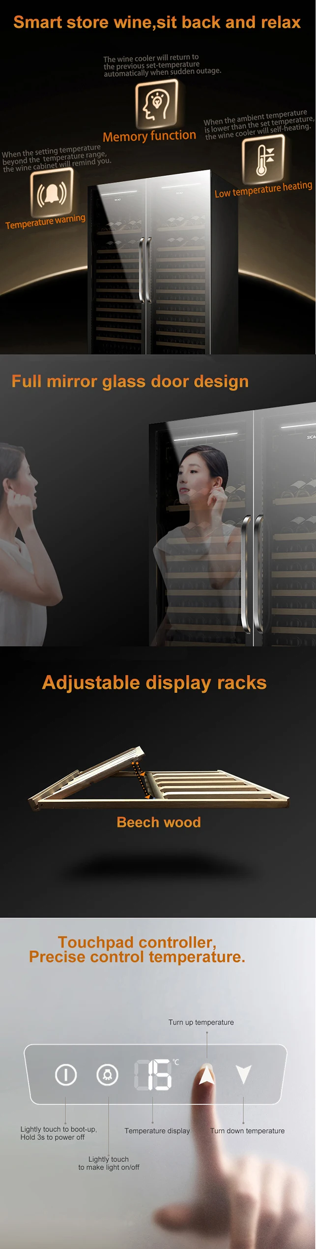 SICAO twin intelligent 2 zones 220v 240v display 2 doors 300 bottles dual zone chiller oem large wine fridge walk in wine led