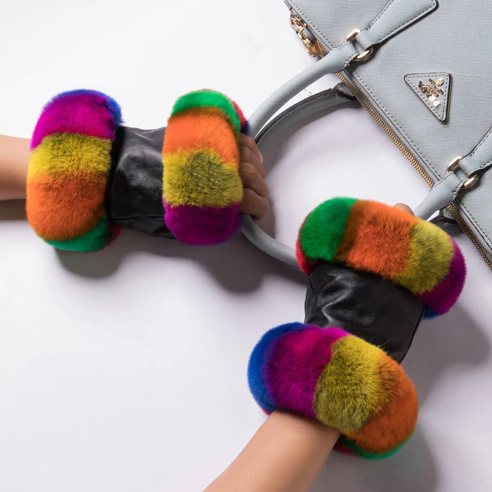 
Women Winter Warmer Wrist Glove Genuine Leather Rex Rabbit Fur Fingerless Driving Glove Plaid Sheepskin Mittens womens gloves 