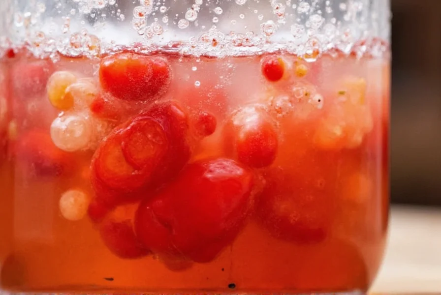 Glass fermentation jar with red jalapeños submerged in brine, showing active bubbling during lactic acid fermentation process