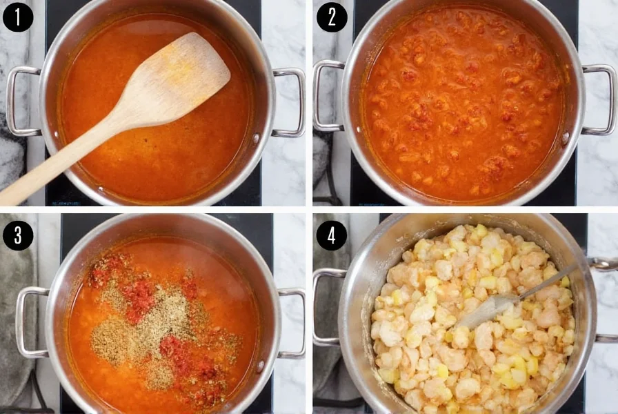 Step-by-step healthy chicken chili cooking process showing spice blooming technique in stainless steel pot
