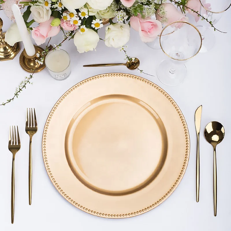 

cheap wholesale designer round silver pink gold red plastic charger plates wedding decoration black dinner luxury plate chargers, Customized color