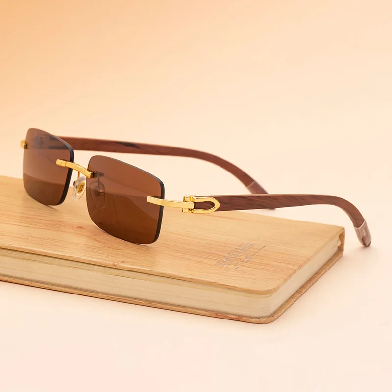 

Hot selling classic square Wood Temples Rimless buffalo horn bamboo sunglasses
