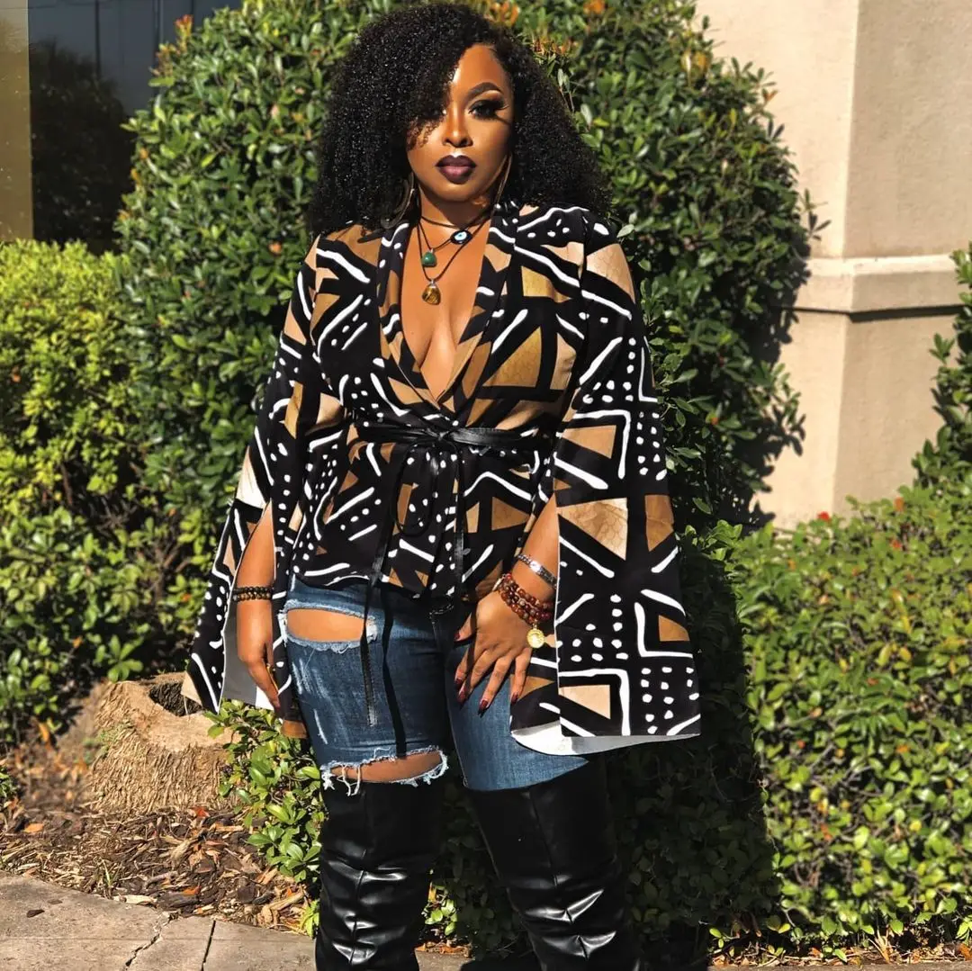 

trending products 2021 new arrivals plus size women's clothing Long sleeve retro Geometric print women coat, Black