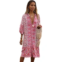 

Three-Quarter Sleeve Mid-Calf Floral Print Boho Dress For Vacation