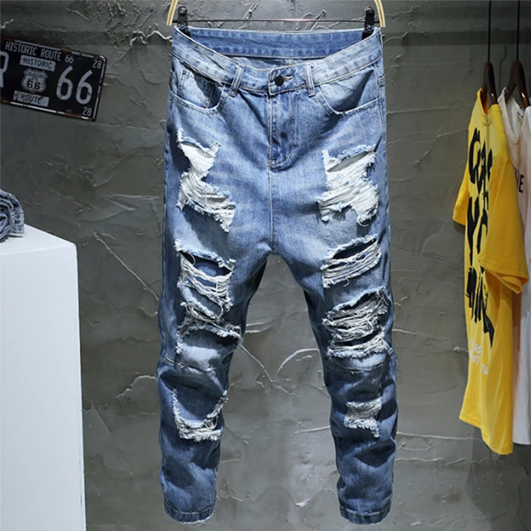 

2019 new Men Leisure Biker jeans Hole been destroyed trousers high quality Garment Loose Straight pants, Picture color