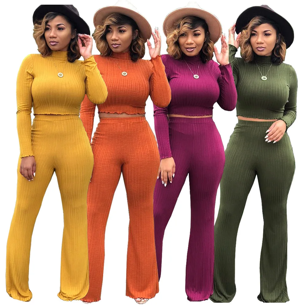 Best selling turtle neck fall boutique outfits girls women 2 piece flare pants set