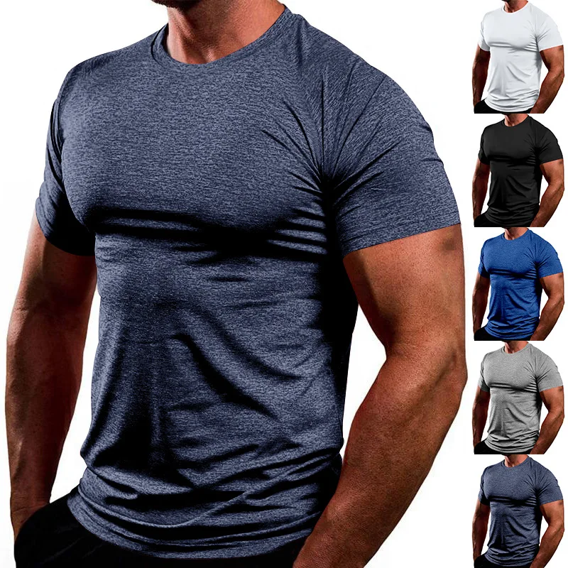 Men's Summer Gym Shirts 180g Spandex/Polyester Knitted Fabric Anti-Wrinkle Breathable Quick-Drying Short-Sleeved Casual Sports